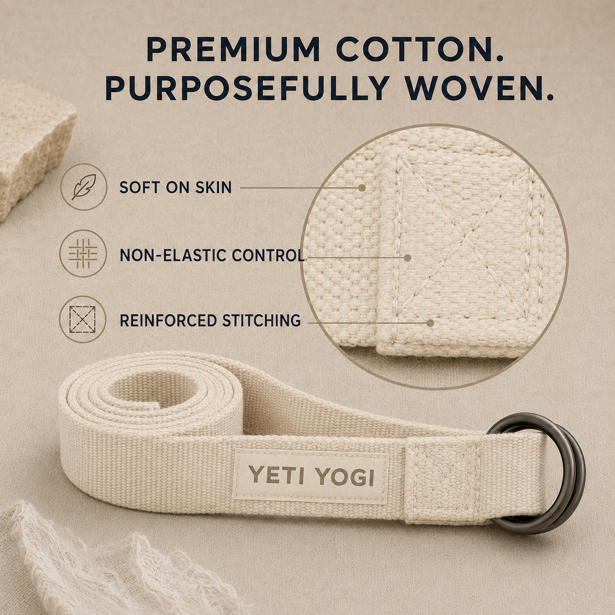 YETI YOGI Natural Ivory cotton yoga strap infographic 2