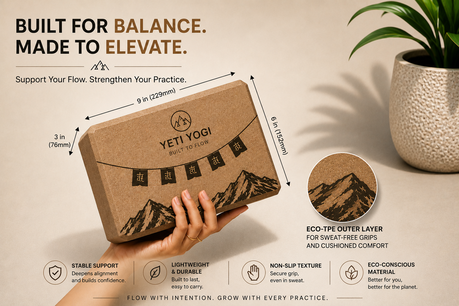 YETI YOGI Premium Yoga Block | 9×6×3 Inch | High-Density EVA & Natural Cork