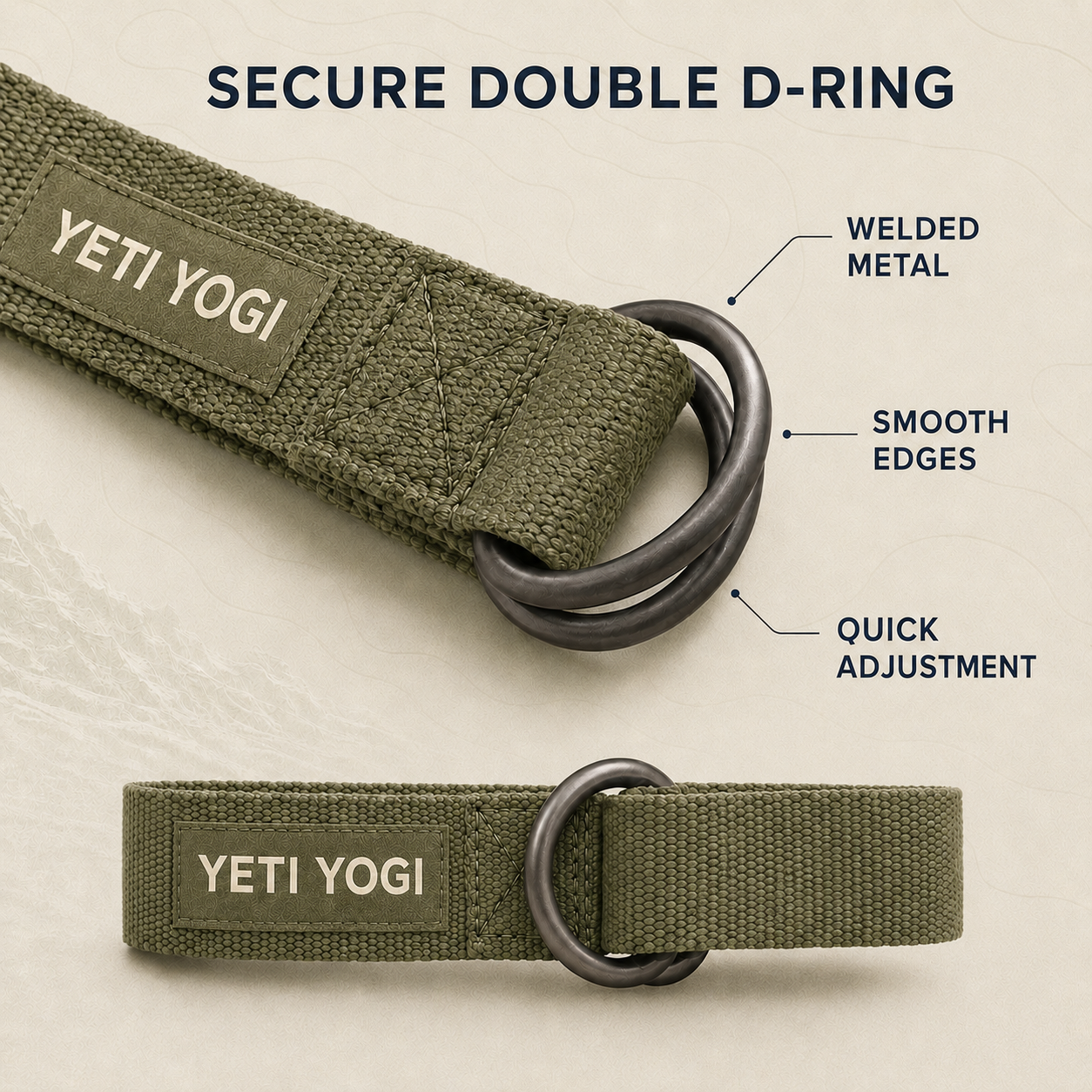 YETI YOGI Olive Green cotton yoga strap infographic 3