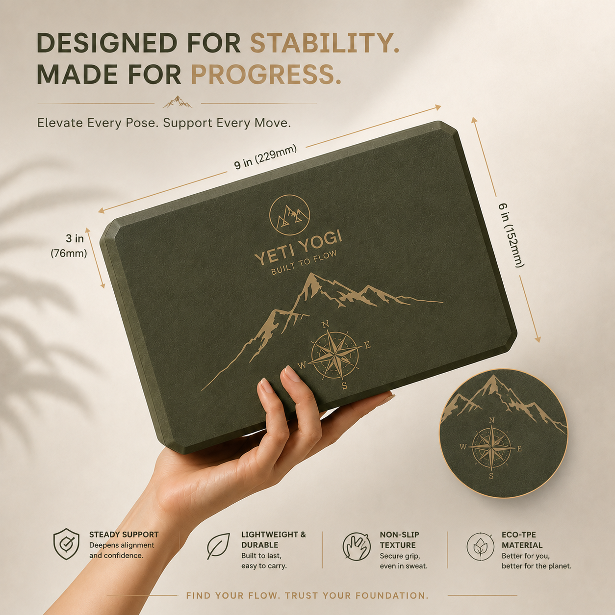 YETI YOGI Premium Yoga Block | 9×6×3 Inch | High-Density EVA & Natural Cork