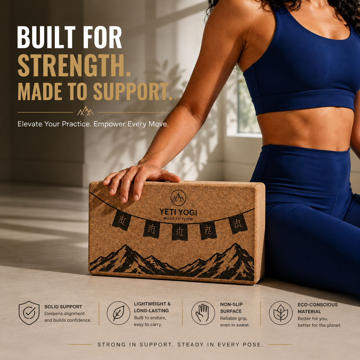 YETI YOGI Premium Yoga Block | 9×6×3 Inch | High-Density EVA & Natural Cork