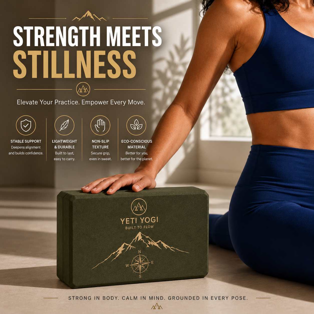 YETI YOGI Forest Green EVA yoga block – feature infographic