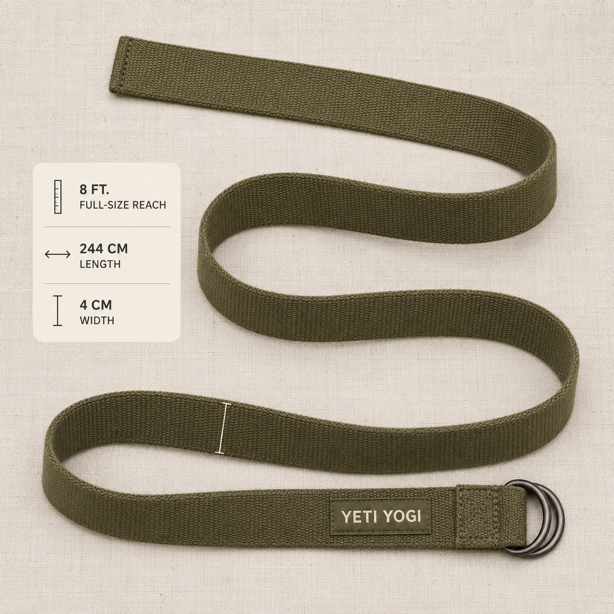 YETI YOGI Olive Green cotton yoga strap infographic 6