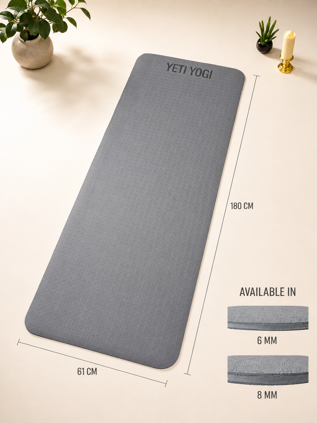 YETI YOGI TPE Yoga Mat – Grey – 6mm / 8mm – product image