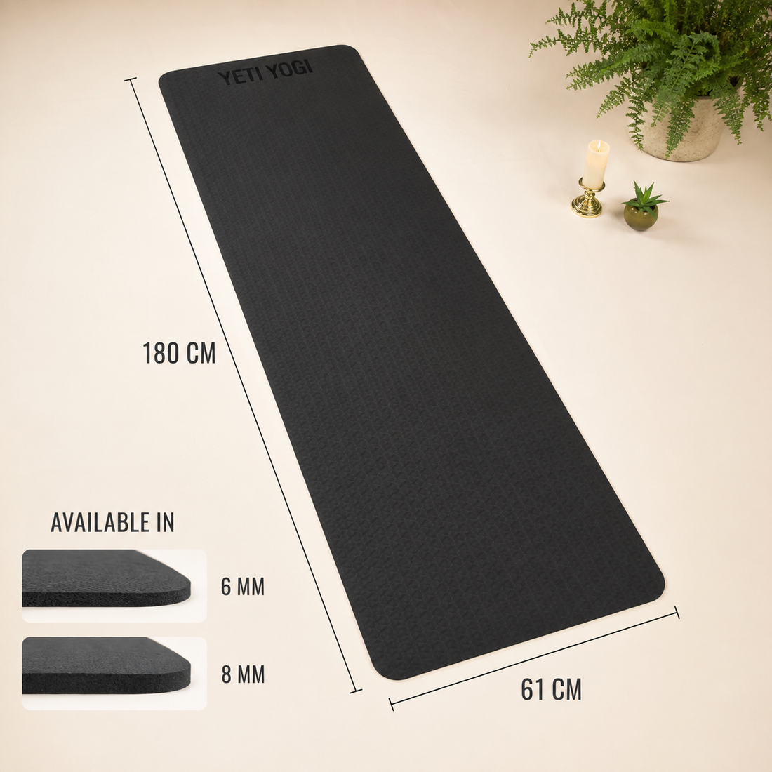 YETI YOGI TPE Yoga Mat – 6ft × 2ft – Black – 6mm
