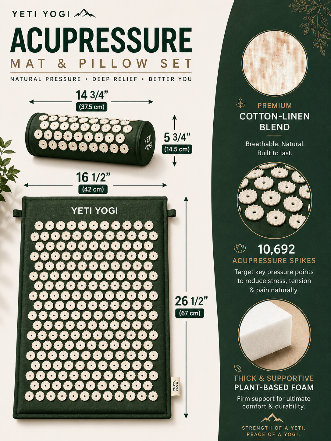 Deep Green acupressure mat and pillow dimensions