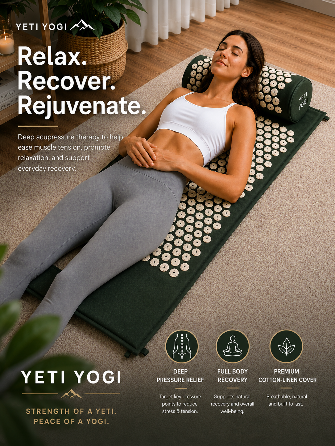 Woman using YETI YOGI Deep Green acupressure mat and pillow