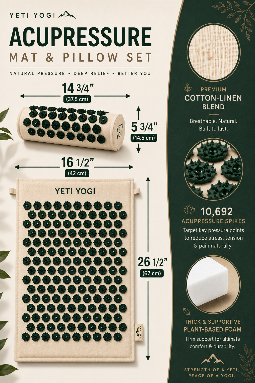 Warm Cream acupressure mat and pillow dimensions