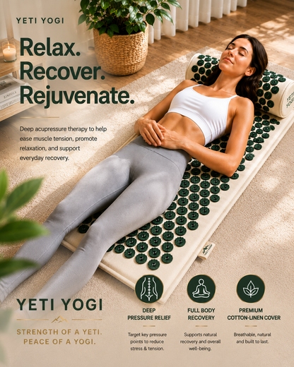 Woman using YETI YOGI Warm Cream acupressure mat and pillow