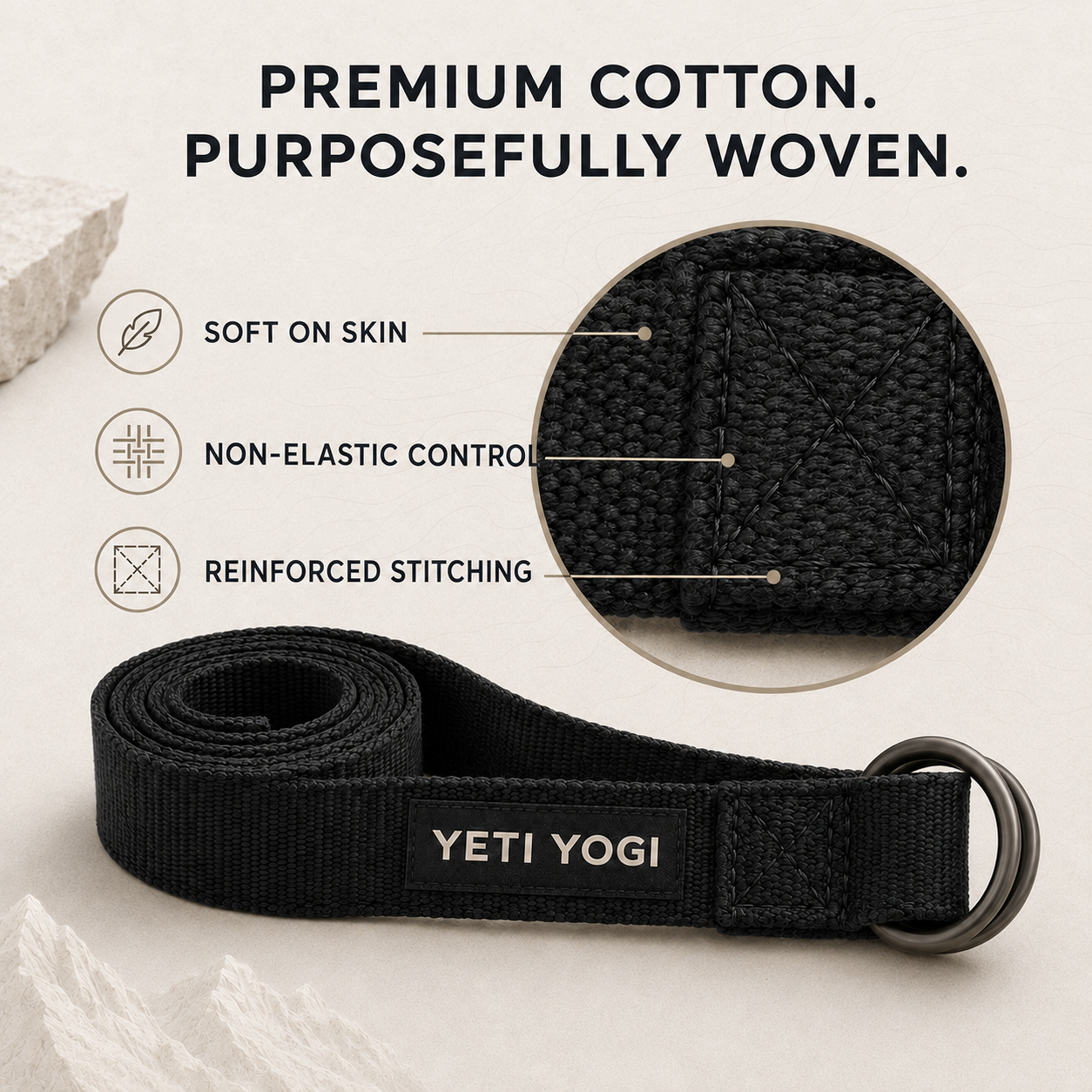 YETI YOGI Black cotton yoga strap infographic 2