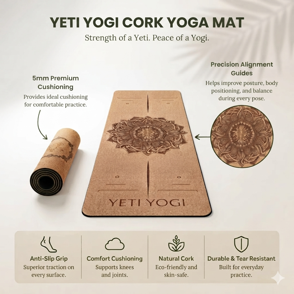 YETI YOGI Cork Yoga Mat features and 5 mm cushioning