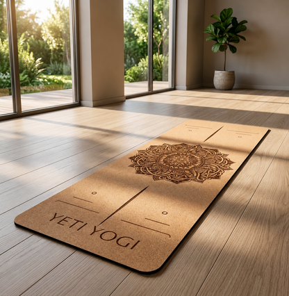 YETI YOGI Cork Yoga Mat in a bright yoga studio