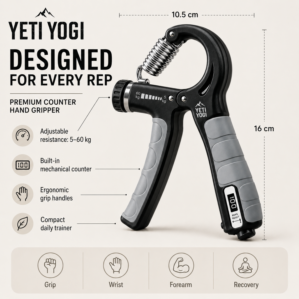 YETI YOGI Counter Hand Gripper Midnight Black dimensions and features
