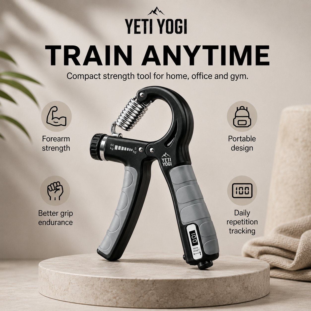 YETI YOGI Counter Hand Gripper Midnight Black portable daily trainer infographic