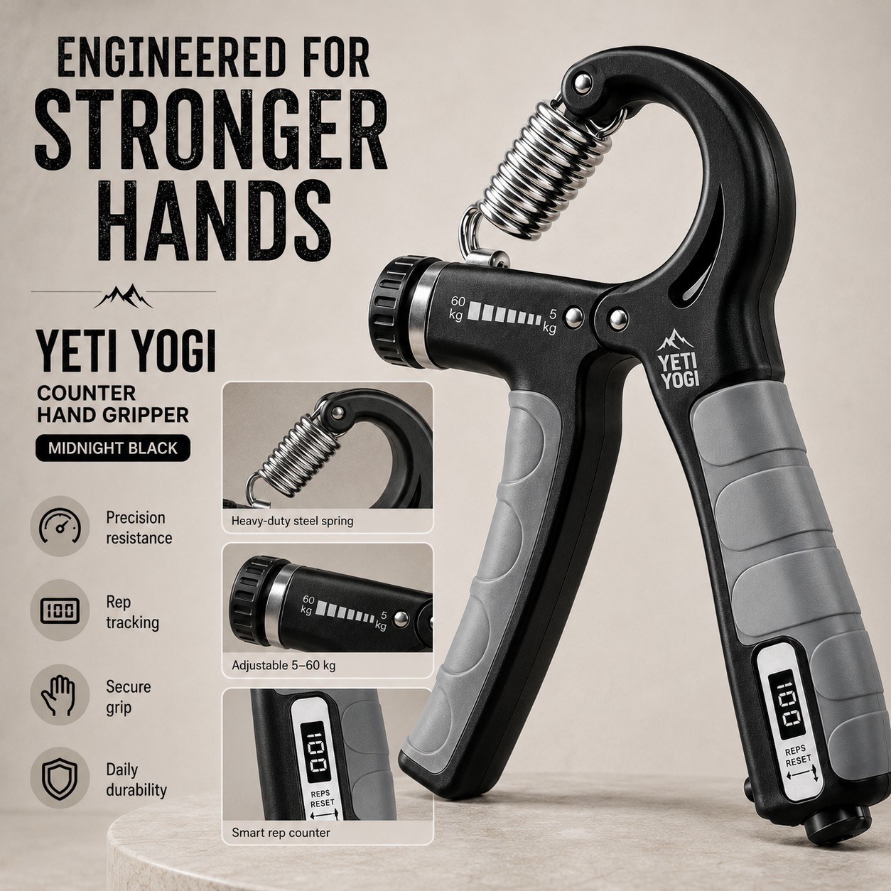 YETI YOGI Counter Hand Gripper Midnight Black durability and training infographic