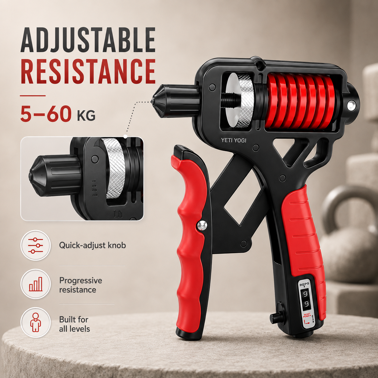 YETI YOGI Counter Hand Gripper Midnight Black Crimson Red adjustable resistance infographic