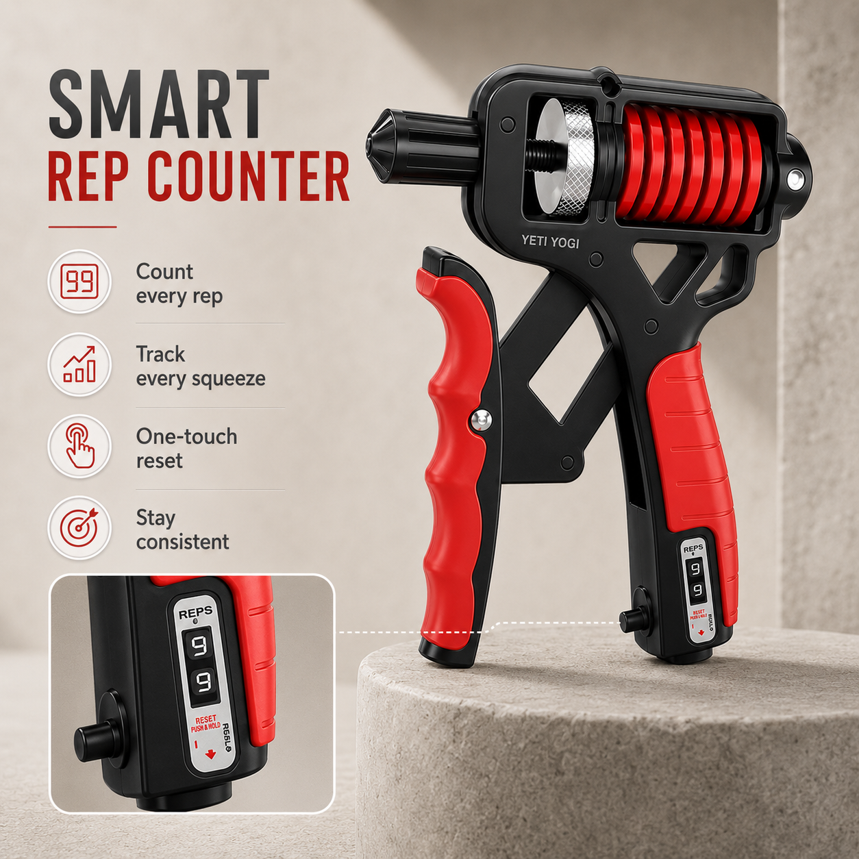 YETI YOGI Counter Hand Gripper Midnight Black Crimson Red smart rep counter infographic