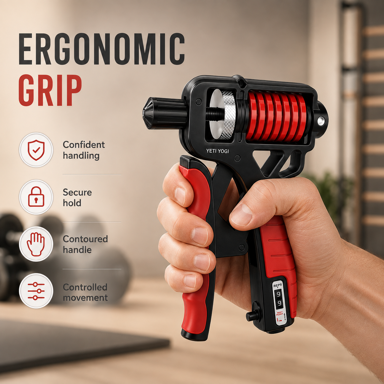 YETI YOGI Counter Hand Gripper Midnight Black Crimson Red ergonomic grip use case