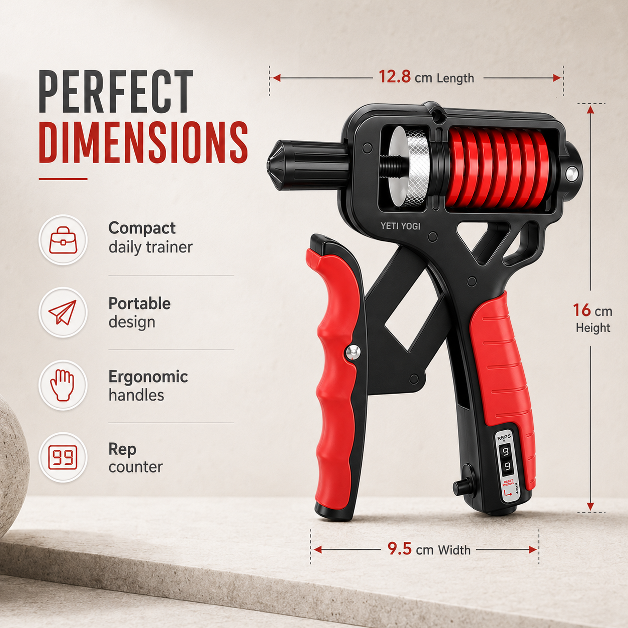 YETI YOGI Counter Hand Gripper Midnight Black Crimson Red dimensions infographic