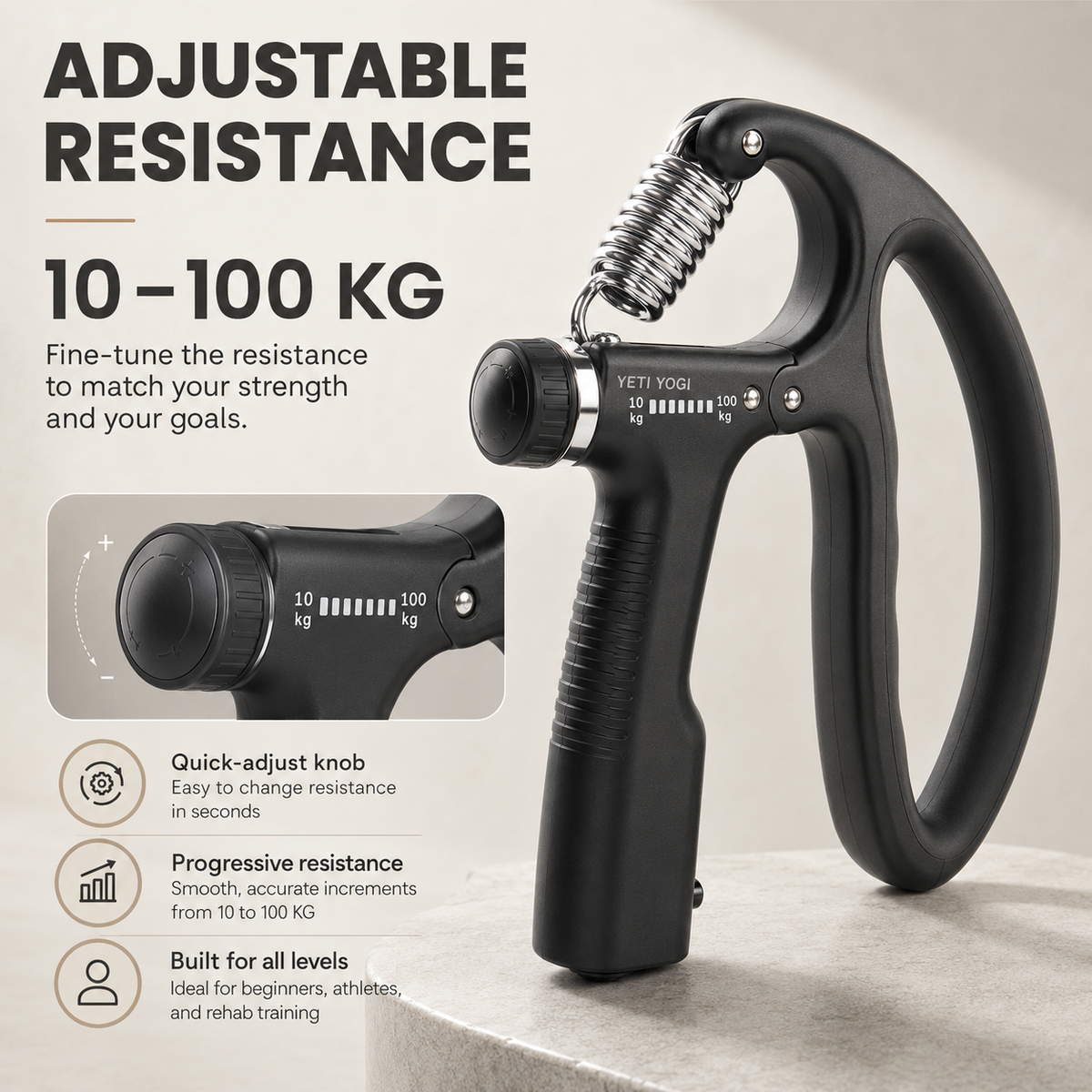 YETI YOGI Counter Hand Gripper Midnight Black Loop Grip adjustable resistance 10-100 kg infographic