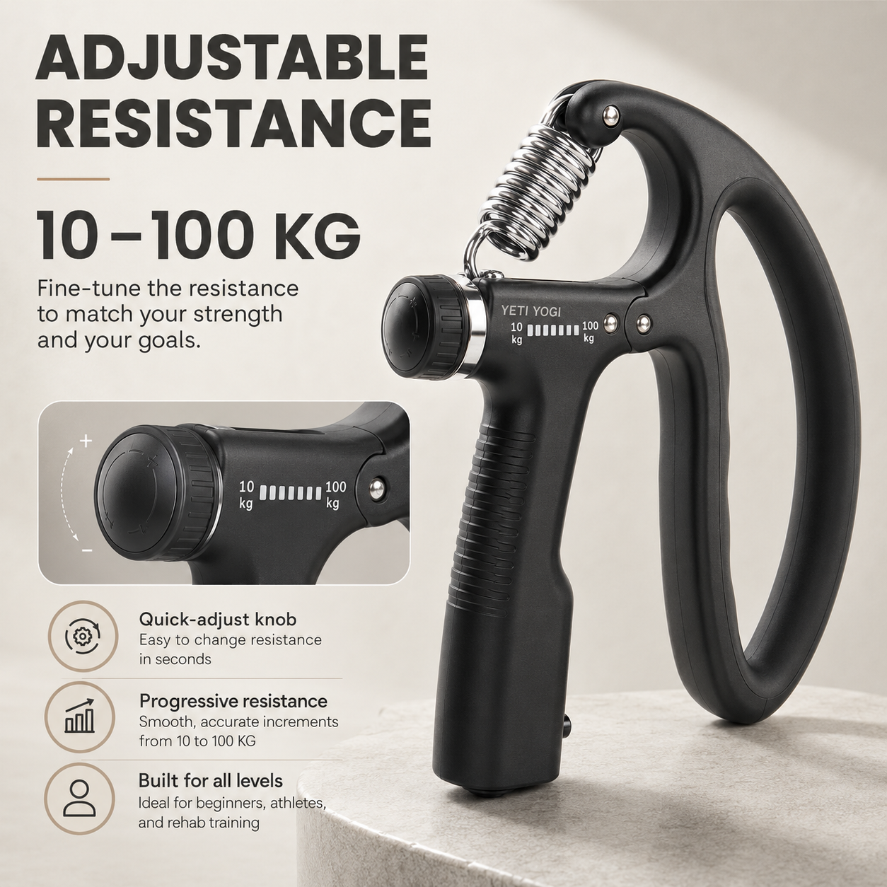 YETI YOGI Counter Hand Gripper Midnight Black Loop Grip adjustable resistance 10-100 kg infographic