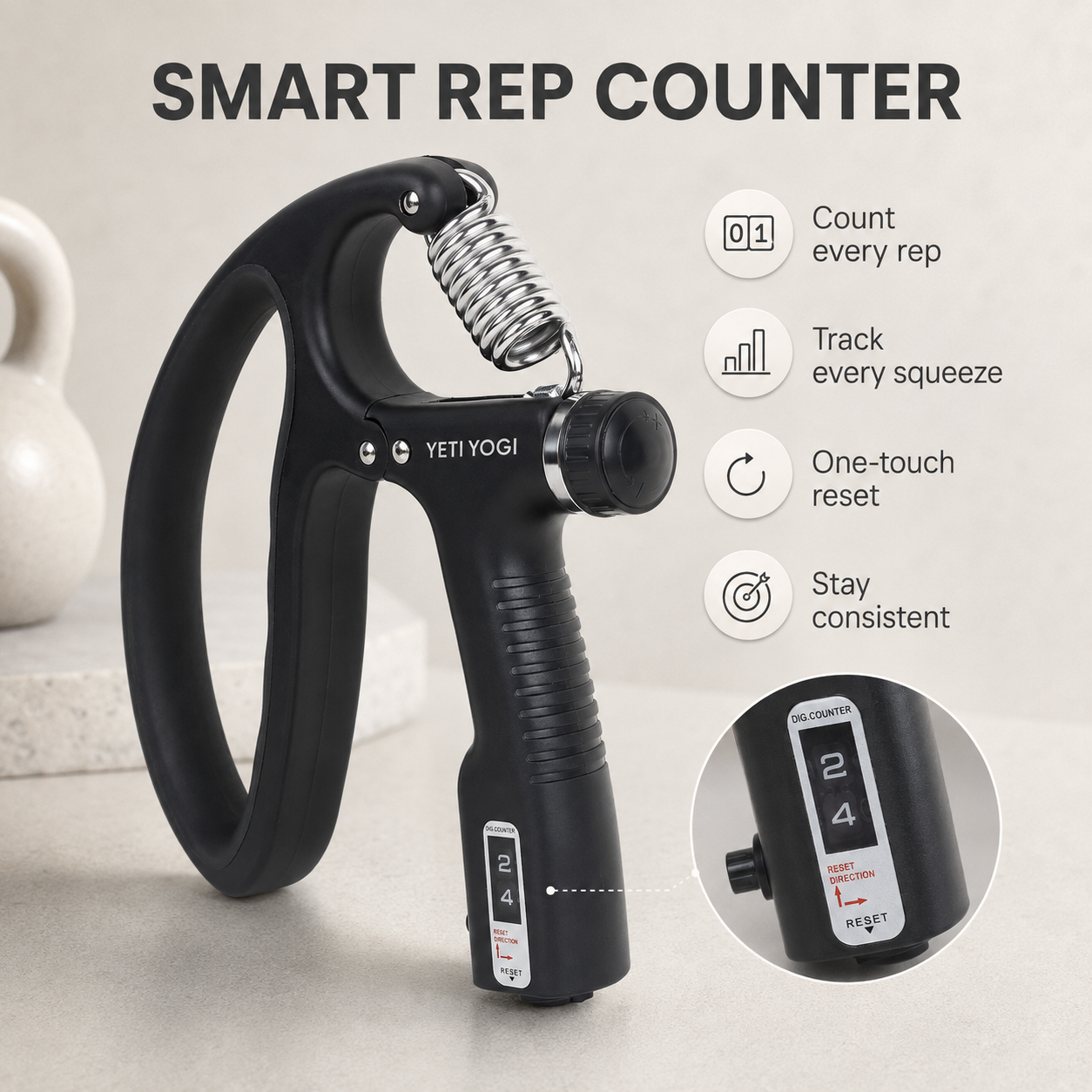 YETI YOGI Counter Hand Gripper Midnight Black Loop Grip smart rep counter infographic