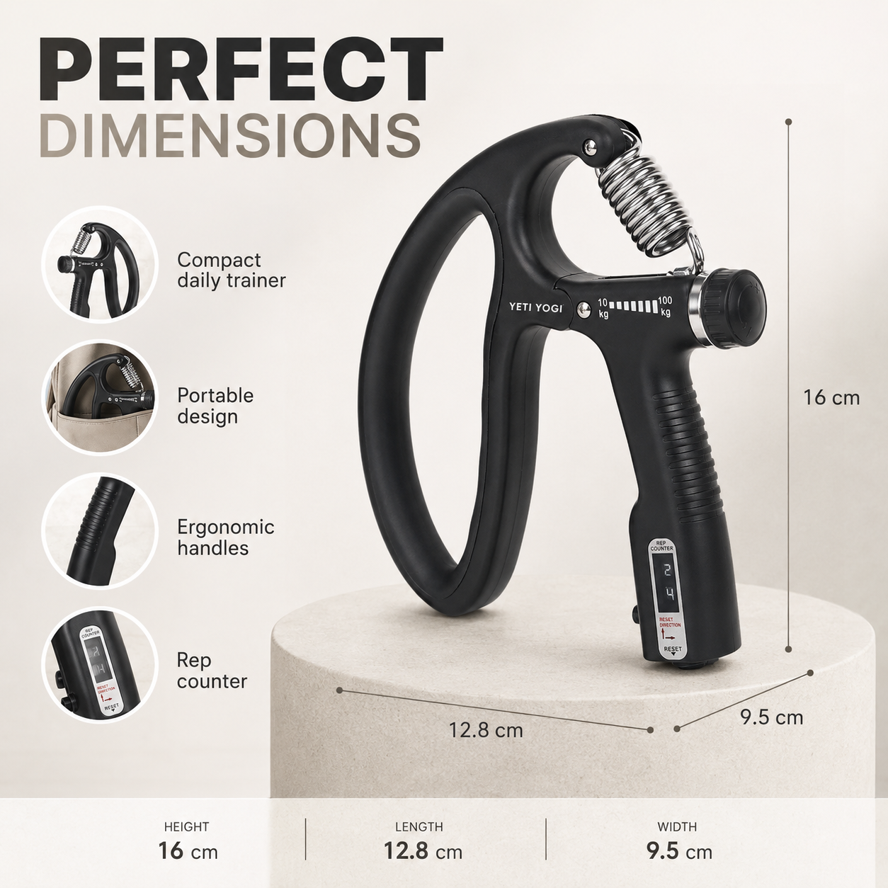 YETI YOGI Counter Hand Gripper Midnight Black Loop Grip dimensions infographic