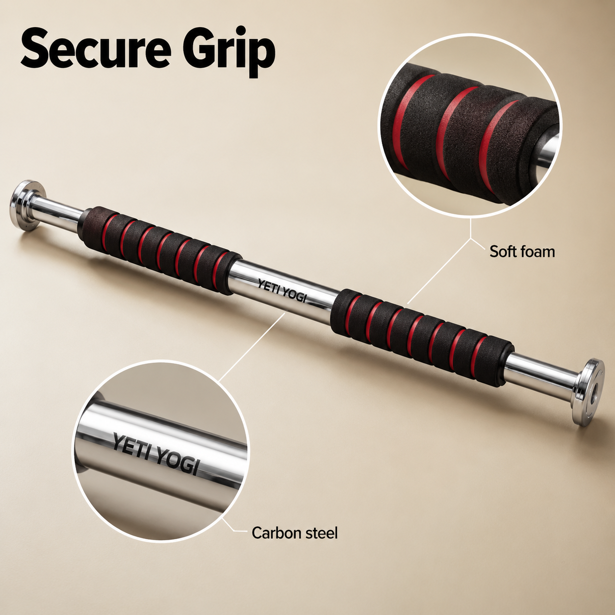 YETI YOGI Doorway Pull-Up Bar 100 KG secure foam grip and carbon steel