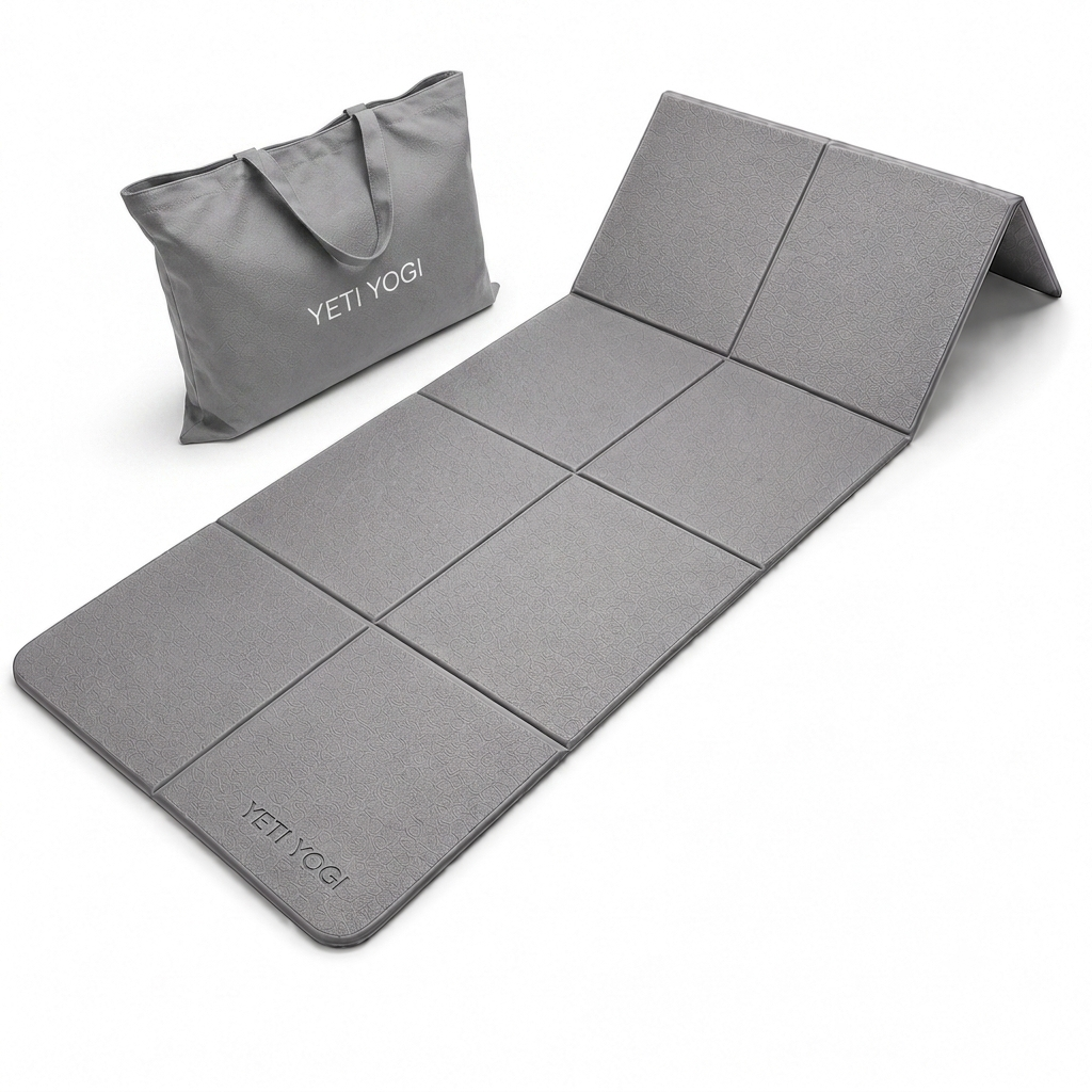 YETI YOGI Stone Grey foldable travel yoga mat with carry bag