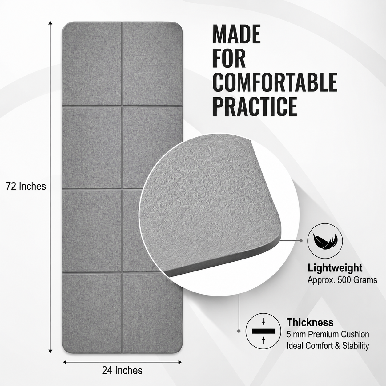 Foldable travel yoga mat dimensions and 5 mm thickness