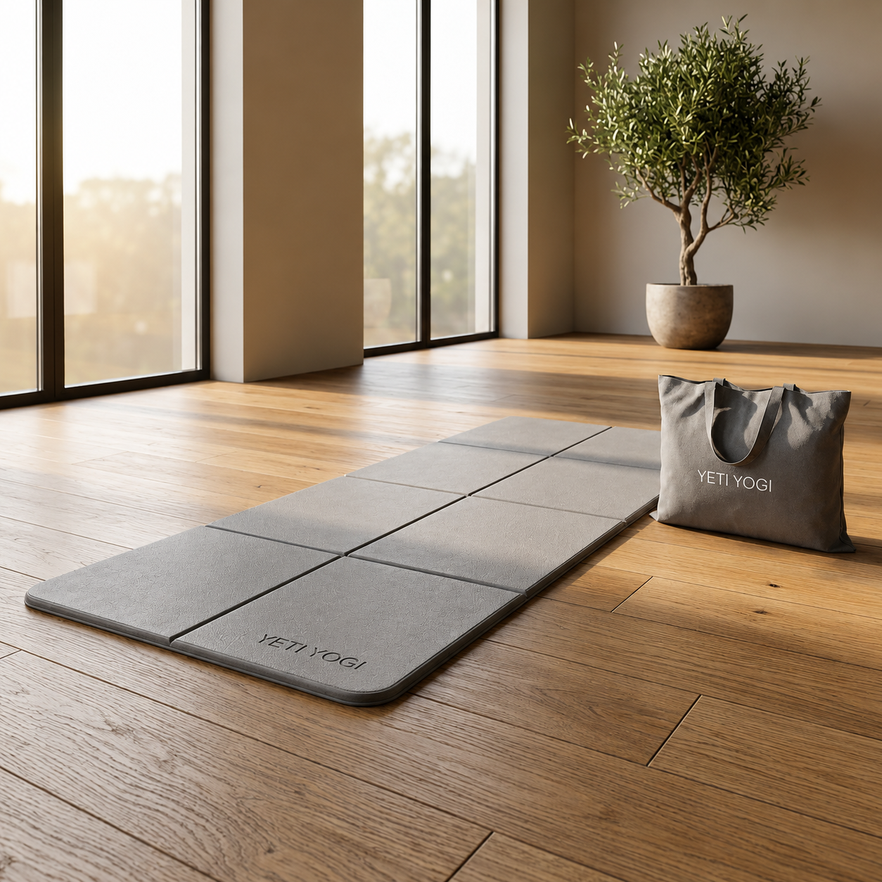 Stone Grey foldable yoga mat in a bright studio
