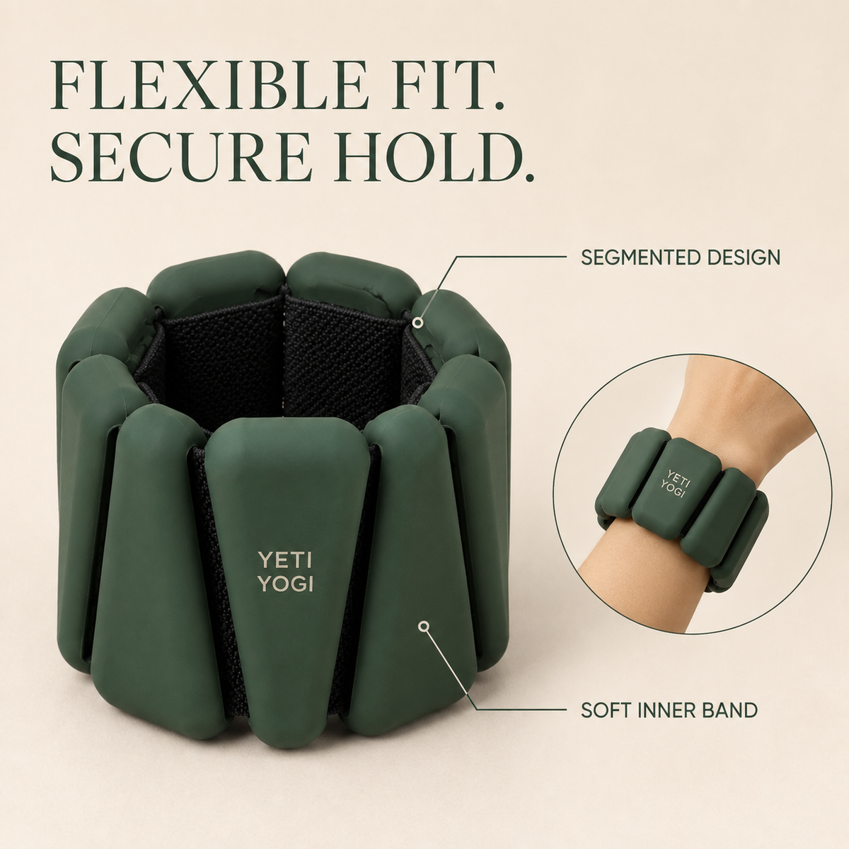 Forest Green segmented ankle and wrist weight fit close-up