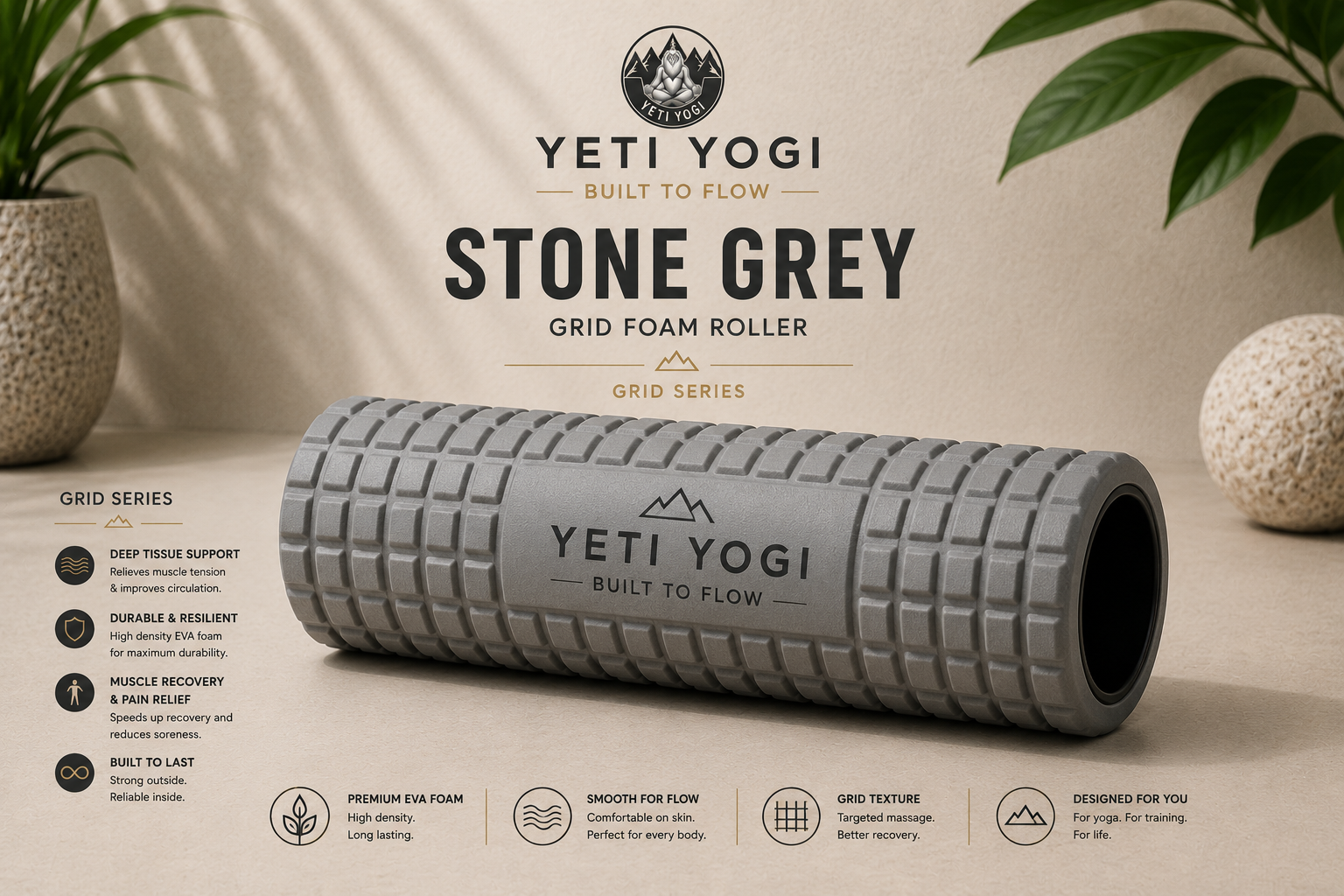 YETI YOGI grid foam roller in Stone Grey