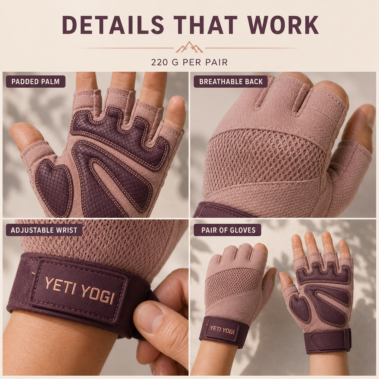 YETI YOGI Women’s Gym Gloves in Himalayan Blush - image 6