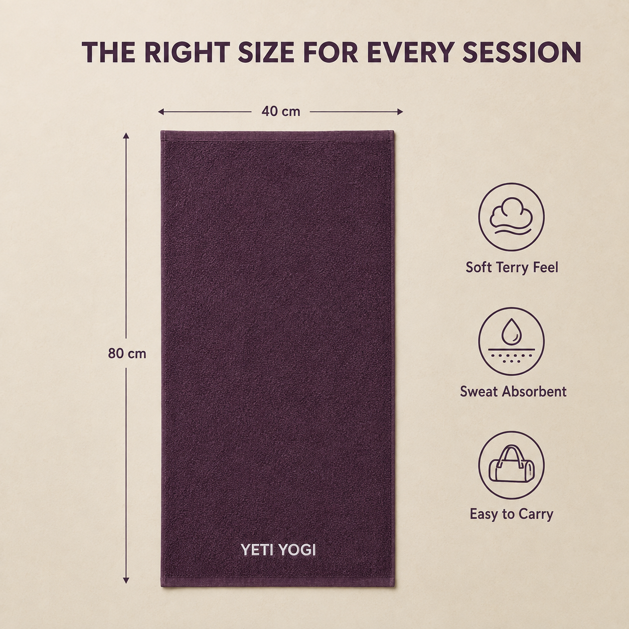 Aubergine gym towel dimensions 80 by 40 cm