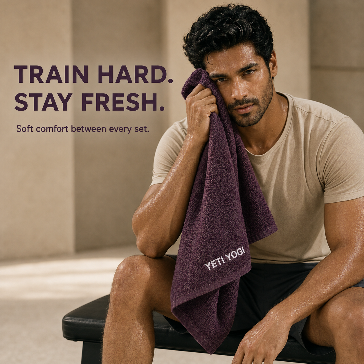 Aubergine gym towel used during a workout