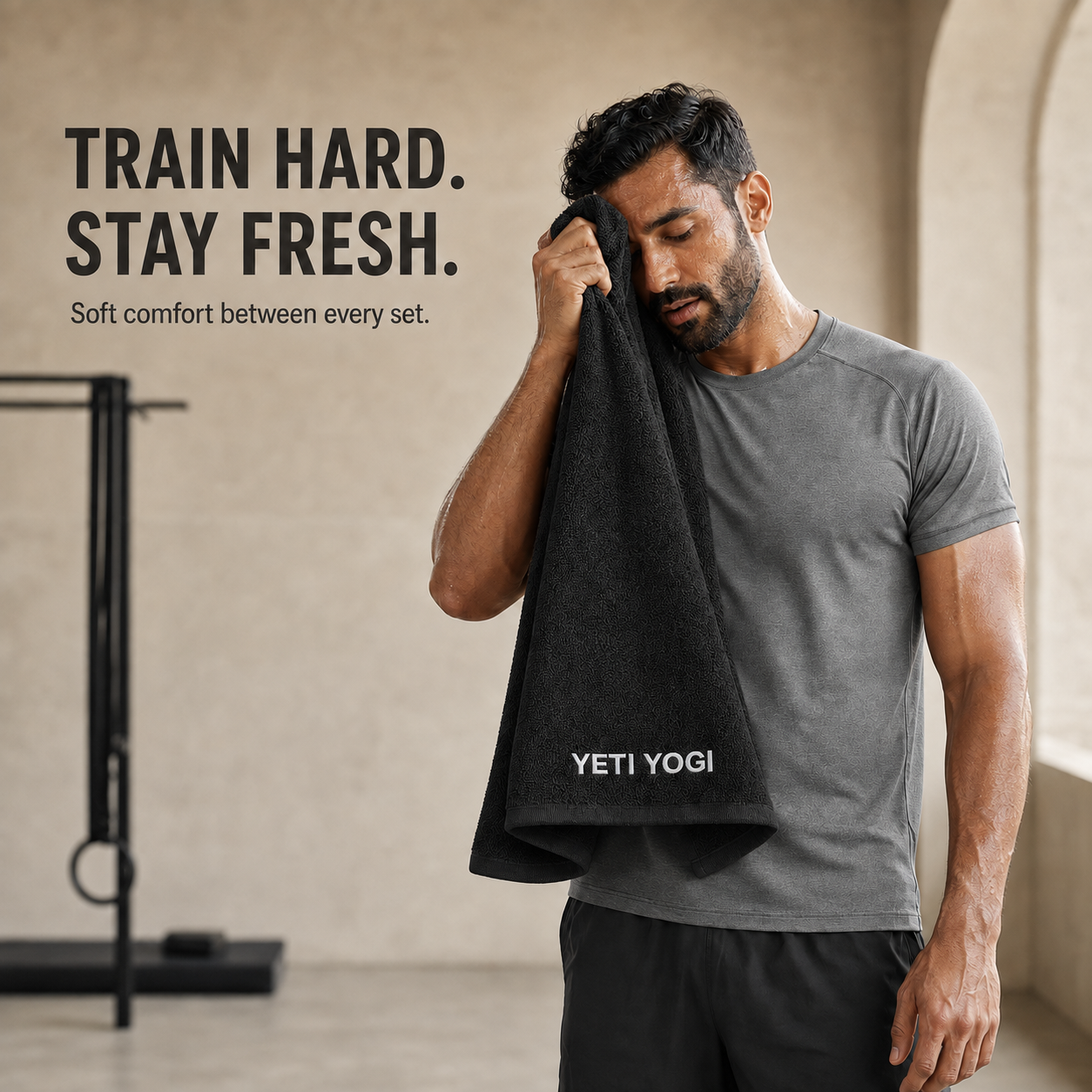 Black gym towel used during a workout