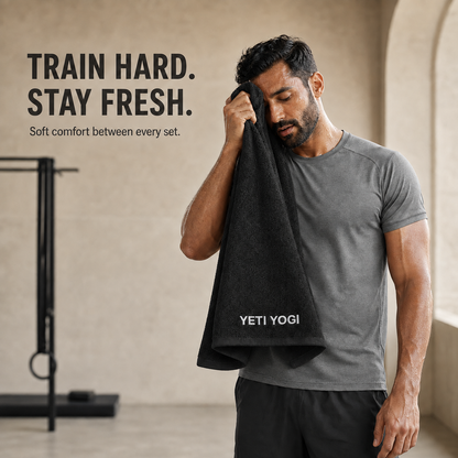 Black gym towel used during a workout