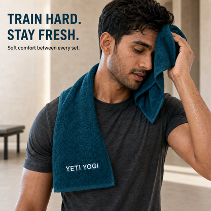 Blue gym towel used during a workout