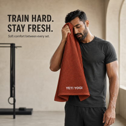 Burnt Sienna gym towel used during a workout