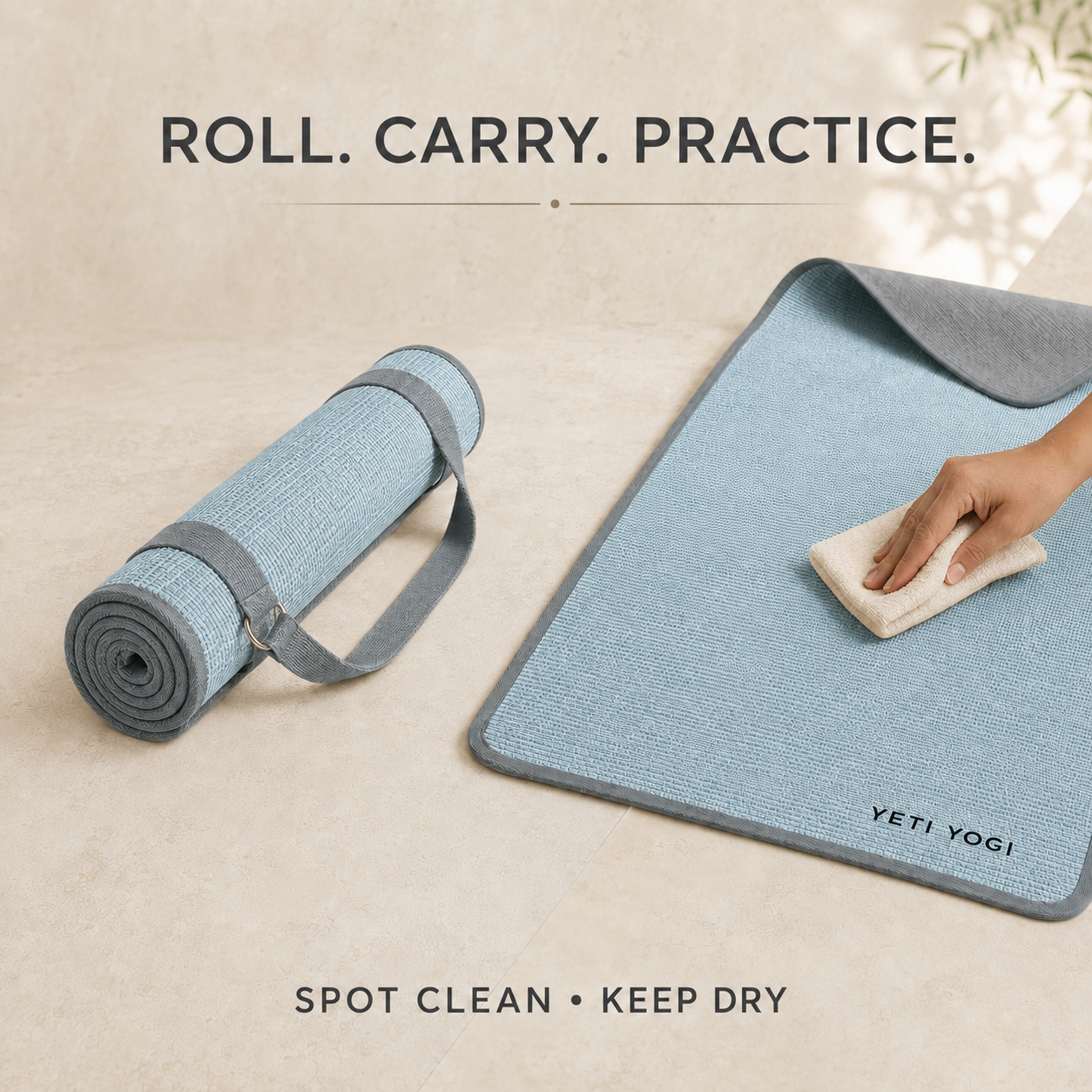 Glacier Blue jute yoga mat with carry strap