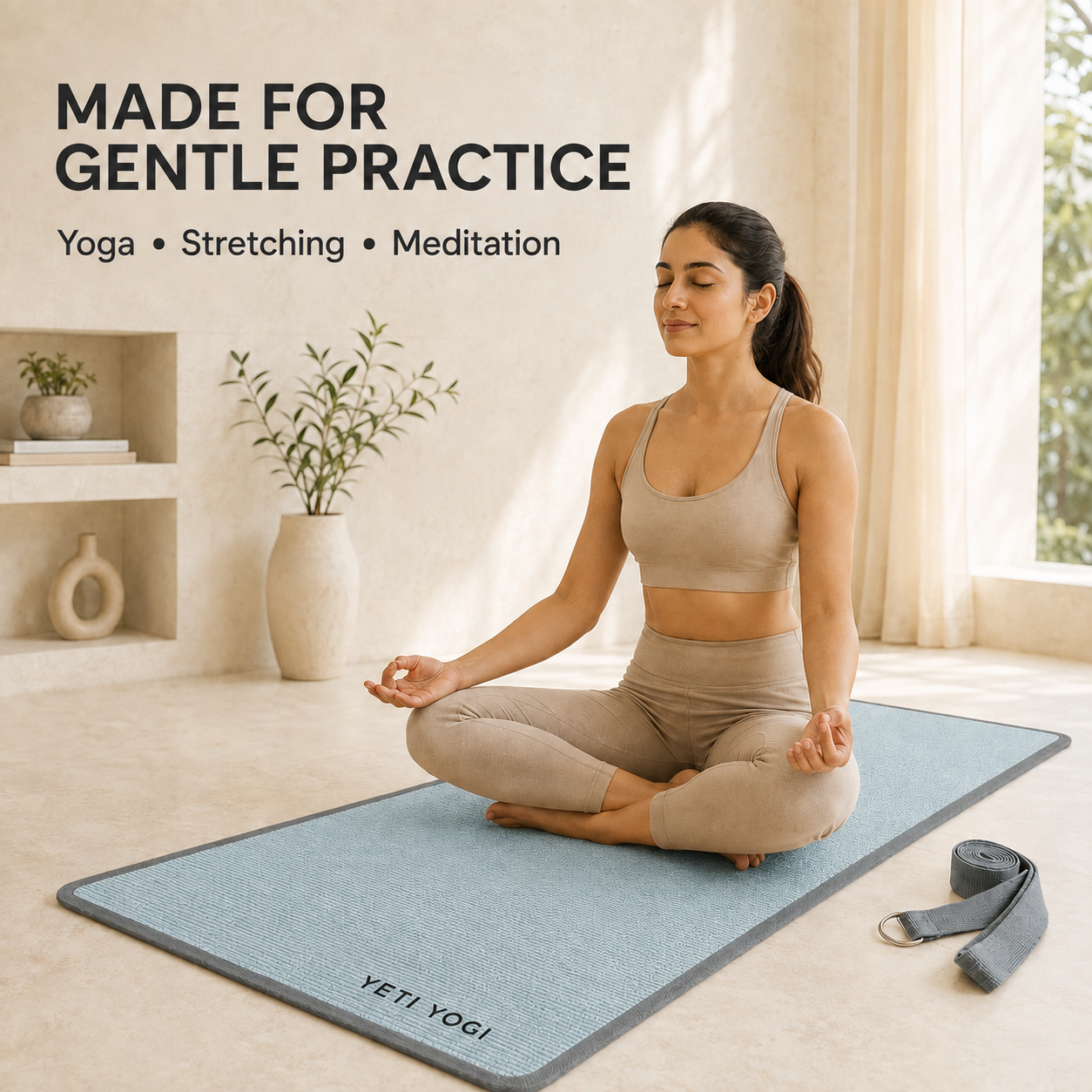 Woman meditating on Glacier Blue jute yoga mat