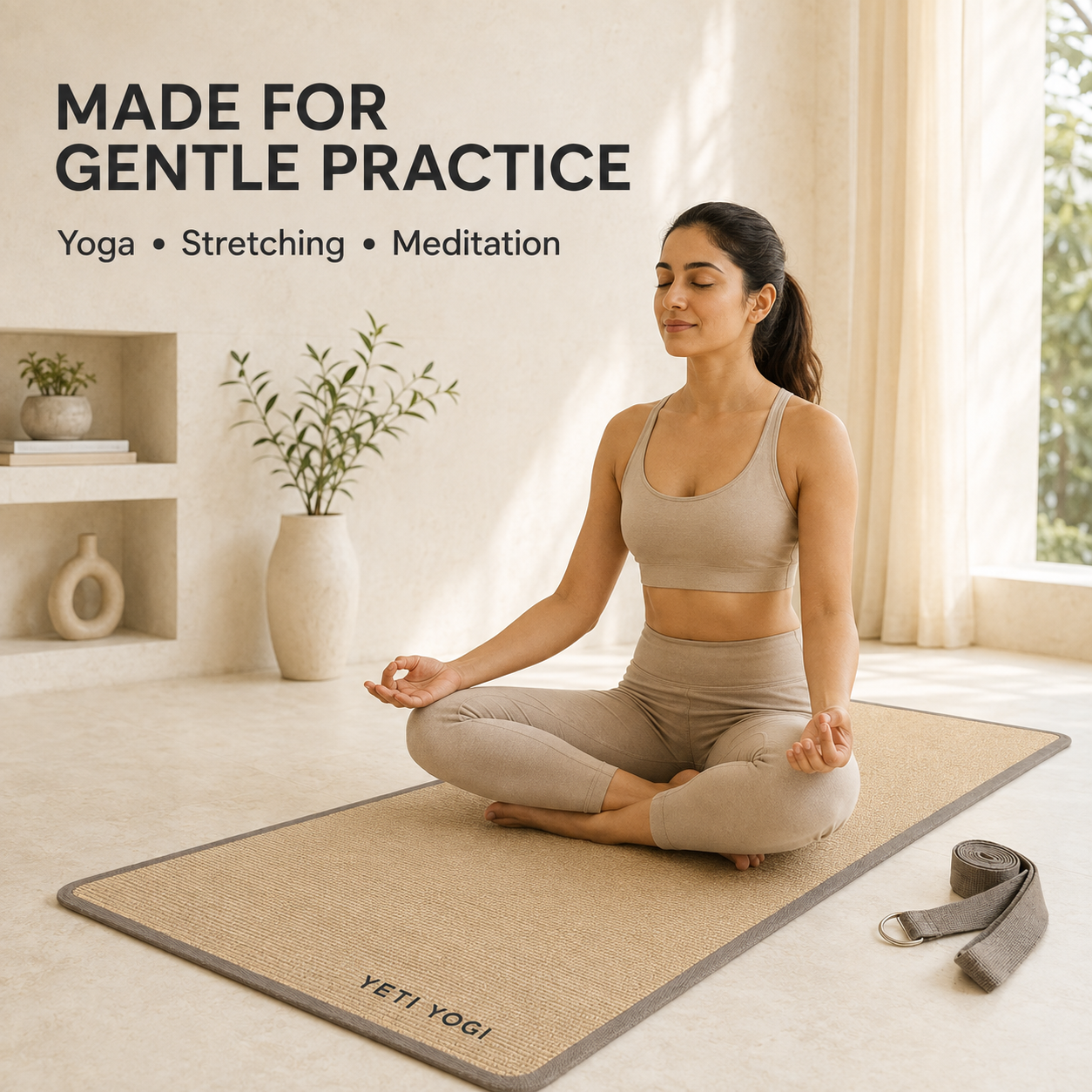 Woman meditating on Natural Oat jute yoga mat
