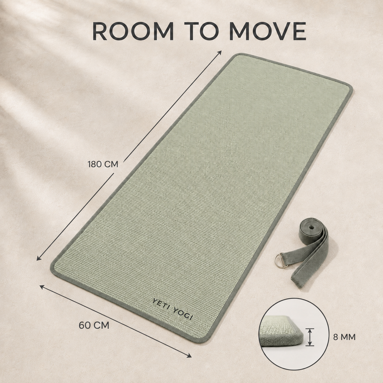 Sage Mist jute yoga mat dimensions and 8 mm thickness