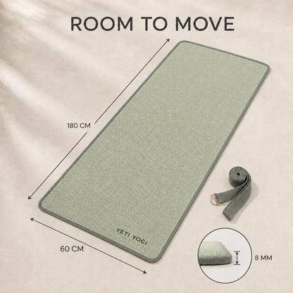 Sage Mist jute yoga mat dimensions and 8 mm thickness