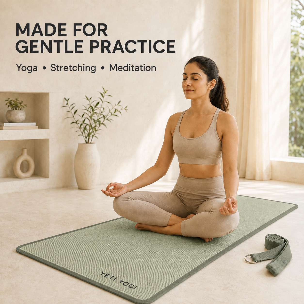 Woman meditating on Sage Mist jute yoga mat
