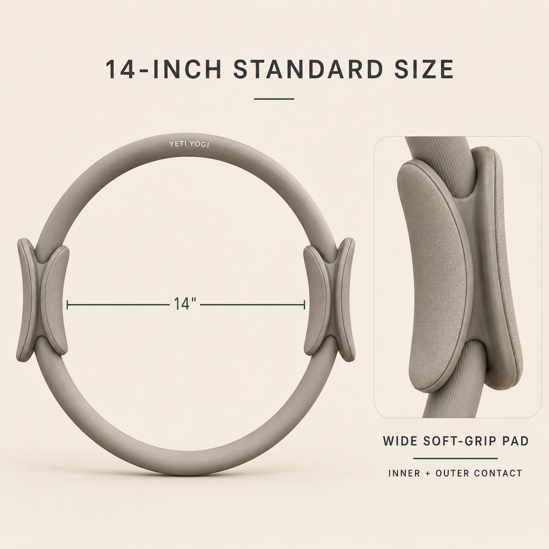 Stone Grey 14-inch Pilates Ring and dual-sided grip pads