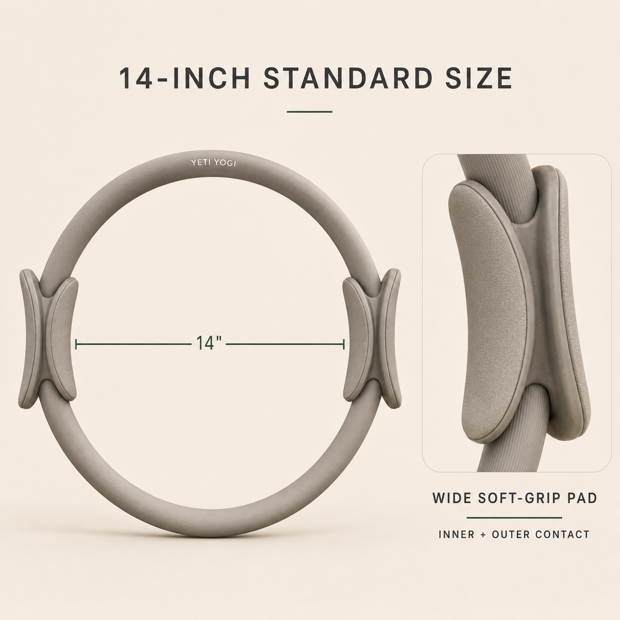 Stone Grey 14-inch Pilates Ring and dual-sided grip pads
