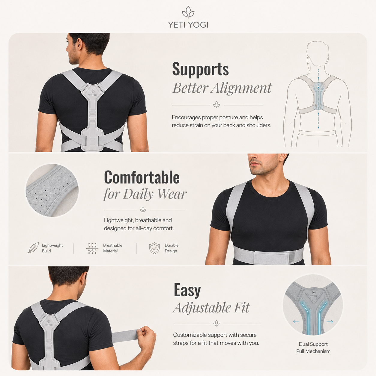 YETI YOGI men posture corrector alignment comfort and adjustable fit benefits