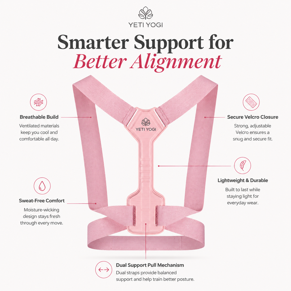 YETI YOGI women posture corrector pink front and back view